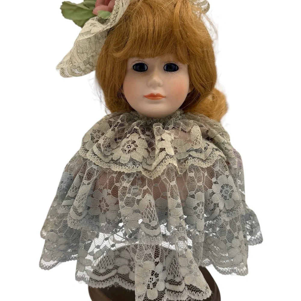 Porcelain Doll Bust Head on Stand with Lace Dress and Hat - Picture 2 of 8